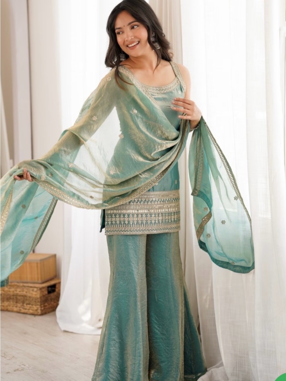 Women’s Sage Green Embellished Palazzo Pants & Kurta Sharara Set